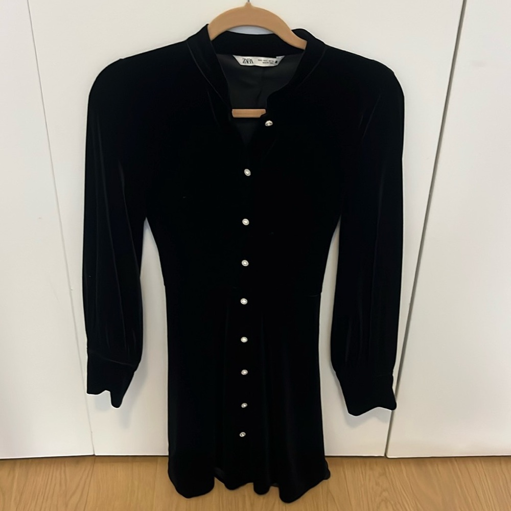 Zara Velvet Dress with Tie and Rhinestone Buttons